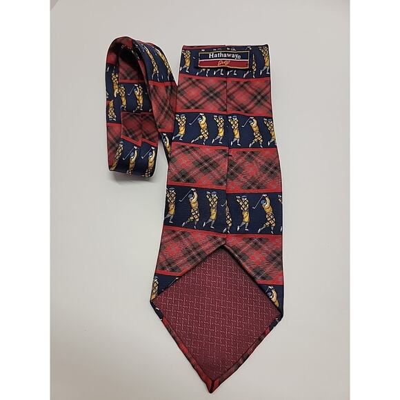 HATHAWAY GOLF Vintage Golfer Tie 100% Silk Red And Blue Plaid Made In USA - Picture 2 of 8
